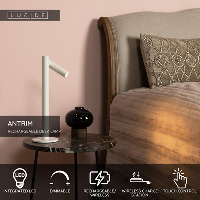 Lucide ANTRIM - Rechargeable Desk lamp Indoor/Outdoor - Battery pack - LED Dim. - 1x2,2W 2700K - IP54 - With wireless charging pad - White